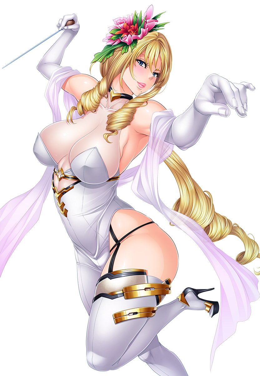 1girl armpits bangs baton_(instrument) blonde_hair blue_eyes blush bodysuit breasts character_request cleavage collar collarbone drill_hair elbow_gloves fei_(maidoll) flower gloves hair_flower hair_ornament high_heels highres holding large_breasts leg_up lilith-soft lipstick long_hair looking_at_viewer makeup mole mole_under_mouth official_art sideboob simple_background solo thigh-highs very_long_hair white_background white_gloves