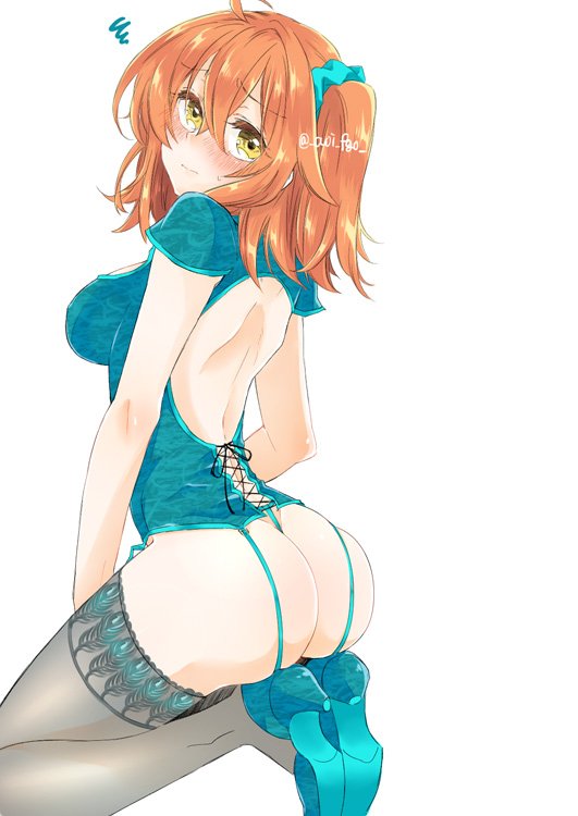 1girl ahoge ass blush breasts cross-laced_clothes fate/grand_order fate_(series) fujimaru_ritsuka_(female) garter_straps grey_legwear hair_ornament hair_scrunchie kneeling looking_back medium_breasts orange_hair scrunchie shino-o short_hair side_ponytail simple_background solo squiggle thigh-highs twitter_username white_background yellow_eyes