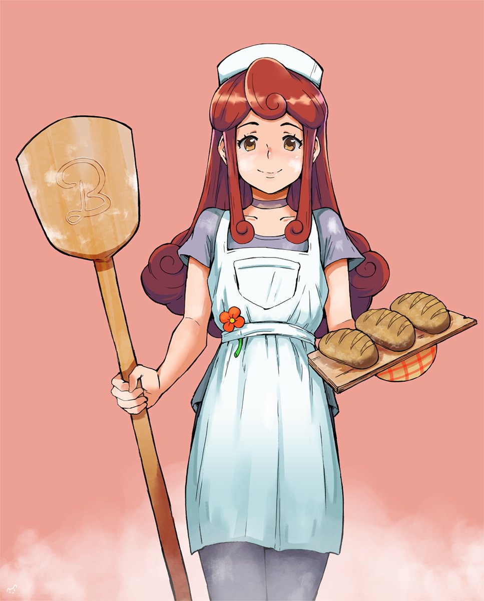 1girl apron baking black_choker black_legwear borrowed_character brown_hair choker closed_mouth flower grey_shirt highres loaf_of_bread long_hair looking_at_viewer maid_cap mynare original oven_mitts pantyhose pink_background pocket shiny shiny_hair shirt short_sleeves simple_background smile solo standing white_apron yellow_eyes