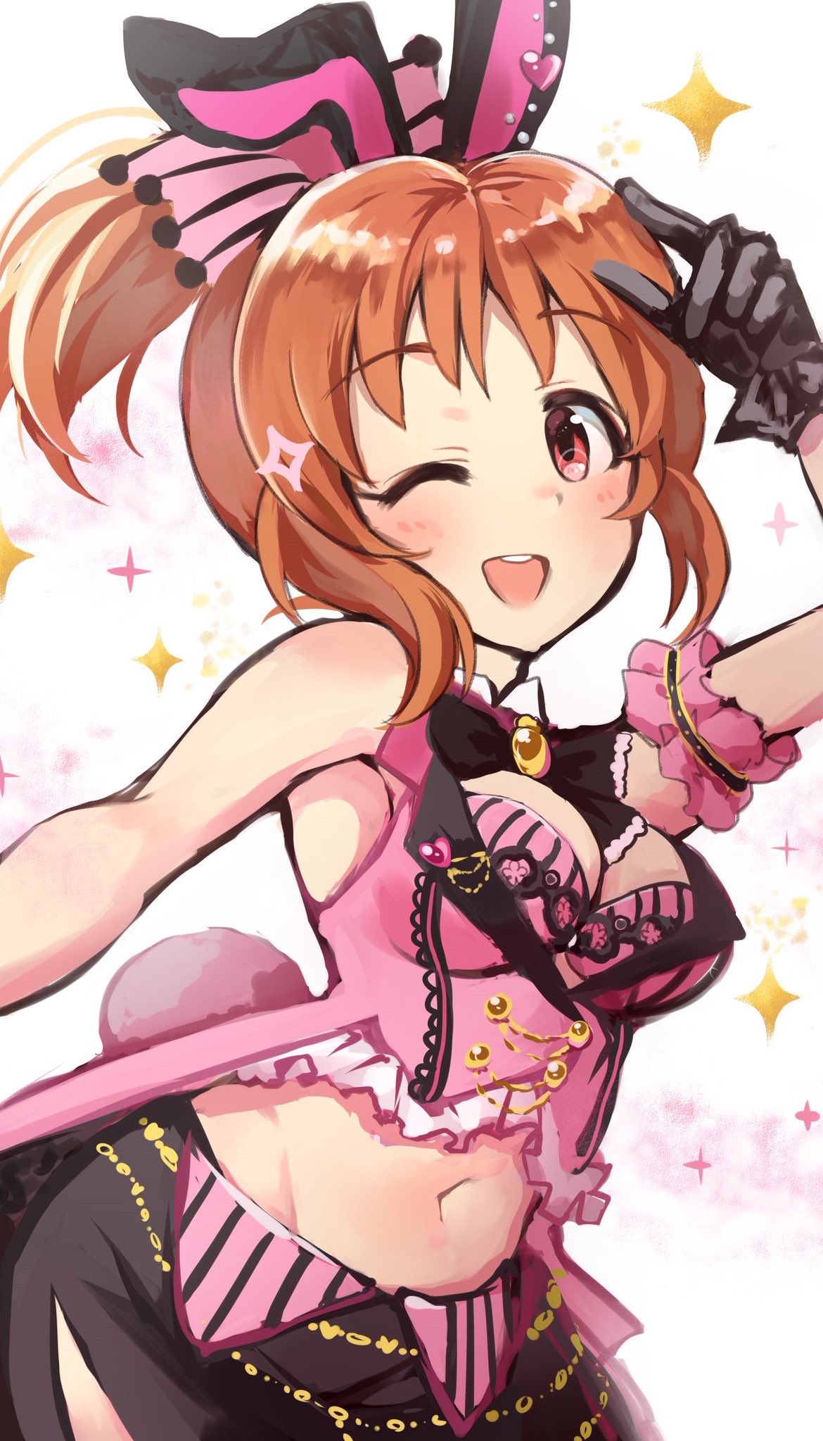 1girl abe_nana animal_ears armband black_gloves black_skirt blush bow bowtie breasts bunny_tail cleavage commentary_request corset dress eyebrows_visible_through_hair frills gloves hand_up highres idolmaster idolmaster_cinderella_girls idolmaster_cinderella_girls_starlight_stage looking_at_viewer looking_to_the_side medium_breasts midriff navel one_eye_closed open_mouth orange_hair pink_dress ponytail rabbit_ears red_eyes side_slit sidelocks skirt smile solo sparkle striped tail takeya_y0615 white_background