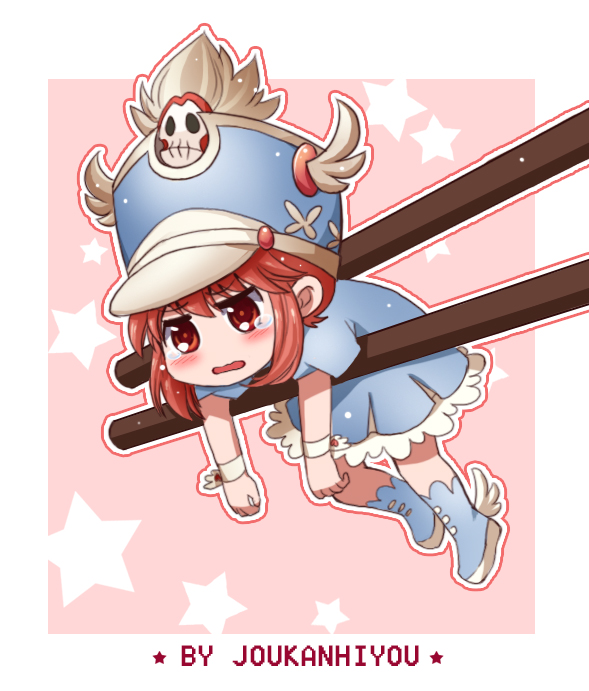 1girl band_uniform blush chibi chopsticks dress hat jakuzure_nonon kill_la_kill red_eyes redhead shako_cap shangguan_feiying shoes short_hair skull tagme tearing_up wavy_mouth wrist_cuffs