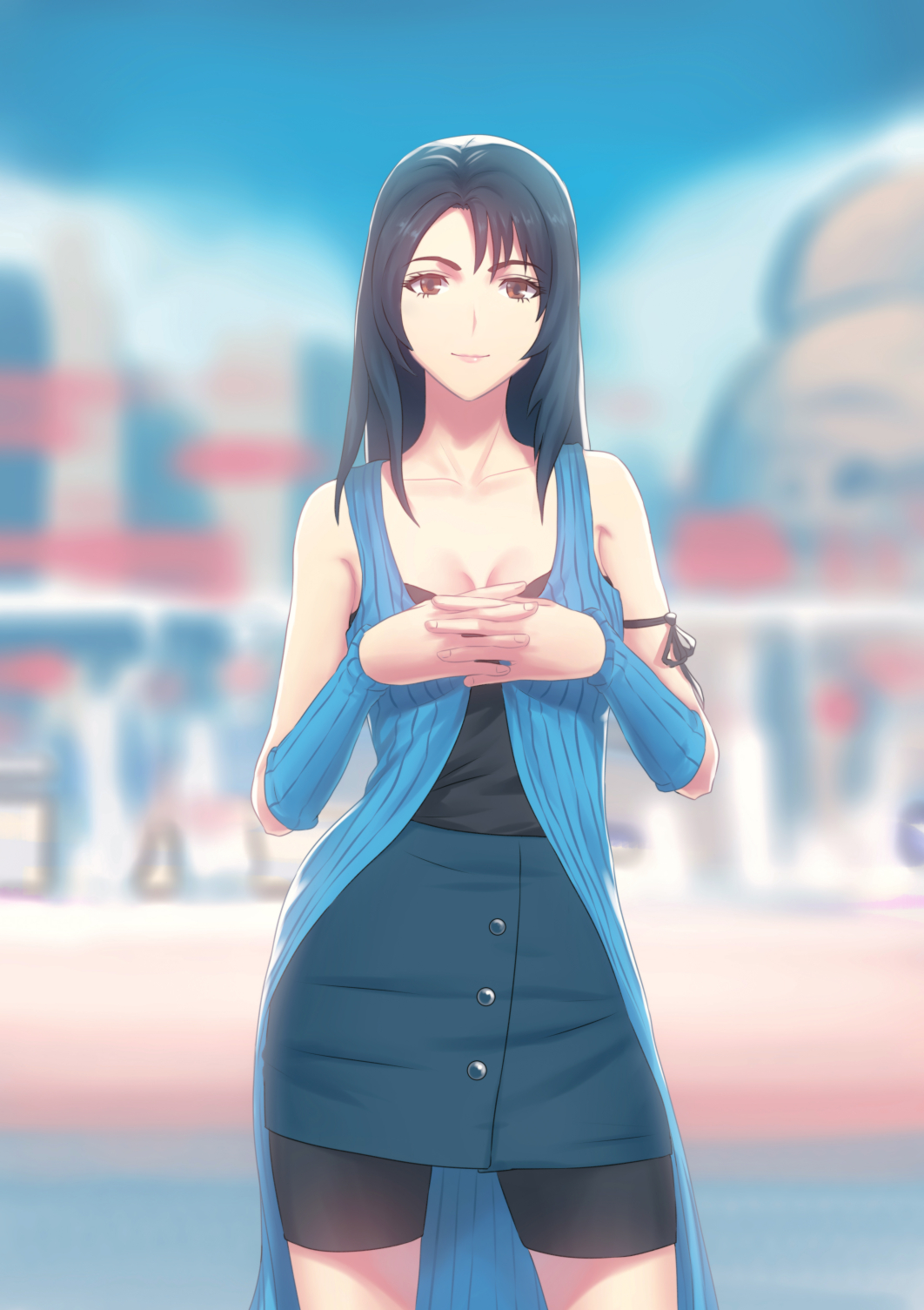 1girl arm_ribbon arm_warmers bare_shoulders bike_shorts bike_shorts_under_skirt black_hair blue_skirt blurry blurry_background breasts brown_eyes buttons cleavage closed_mouth depth_of_field detached_sleeves fateline_alpha female final_fantasy final_fantasy_viii highres interlocked_fingers long_hair medium_breasts ribbon rinoa_heartilly shorts shorts_under_skirt skirt sleeveless sleeveless_duster smile solo standing thighs