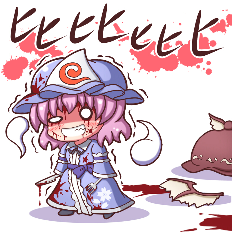 1girl blood blood_from_mouth blood_on_face blood_splatter blood_stain bloody_clothes blush chibi dual_wielding evil_grin evil_smile eyes fork grin grouse01 hat hitodama holding holding_fork holding_knife japanese_clothes knife mob_cap mystia_lorelei obi pink_hair saigyouji_yuyuko sash shaded_face short_hair smile solid_circle_eyes solid_oval_eyes teeth touhou trembling triangular_headpiece uneven_eyes