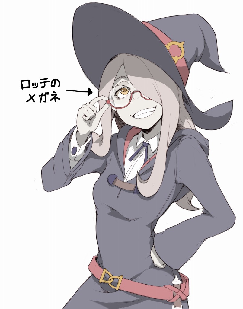 1girl adjusting_glasses belt bespectacled breasts cowboy_shot glasses grin hair_over_one_eye hand_on_hip hat ina_(gokihoihoi) little_witch_academia long_hair simple_background small_breasts smile solo sucy_manbavaran teeth translated white_background witch witch_hat yellow_eyes