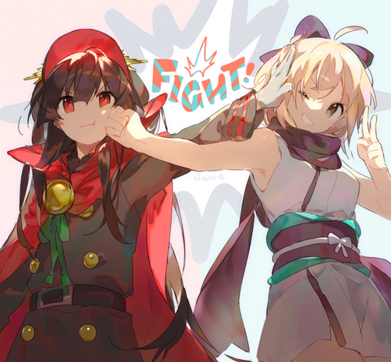 &gt;:t 2girls :t ;d ahoge armpits artist_name bangs bare_arms bare_shoulders belt belt_buckle black_bow black_coat black_hair blonde_hair bow brown_eyes buckle buttons cape demon_archer double-breasted face_punch fate/grand_order fate_(series) gloves green_ribbon hair_bow hand_on_another's_face hand_on_another's_head hat head_tilt in_the_face japanese_clothes kimono long_hair long_sleeves looking_at_viewer multiple_girls namie-kun obi one_eye_closed open_mouth outstretched_arm punching purple_bow purple_scarf pushing_away red_cape red_eyes red_hat ribbon sakura_saber sash scarf sleeveless sleeveless_kimono smile tareme two-tone_background v very_long_hair white_bow white_gloves