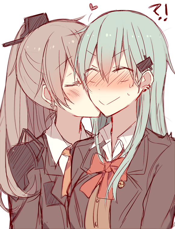 2girls blazer blush bow brown_hair cheek_kiss closed_eyes commentary dress_shirt ear_piercing full-face_blush hair_ornament hairclip jacket kantai_collection kiss kumano_(kantai_collection) kvlen multiple_girls piercing ponytail remodel_(kantai_collection) shirt surprised suzuya_(kantai_collection) upper_body yuri