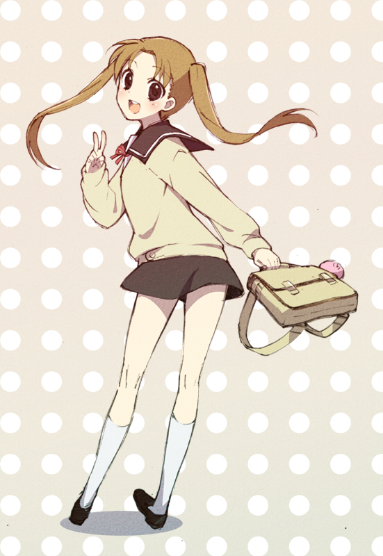 1girl :d bag bangs beige_background beige_sweater blonde_hair blush brown_eyes brown_footwear brown_shoes brown_skirt collar dot_nose eyebrows_visible_through_hair floating_hair from_behind full_body hand_up keychain kneehighs loafers long_hair long_sleeves looking_at_viewer looking_back neck_ribbon okayu-k okazaki_norie open_mouth parted_bangs polka_dot polka_dot_background red_ribbon ribbon sailor_collar school_bag school_uniform shadow shiny shiny_skin shoes skirt slim_legs smile socks solo standing stuffed_toy sweater tamayura tareme teeth twintails upper_teeth v