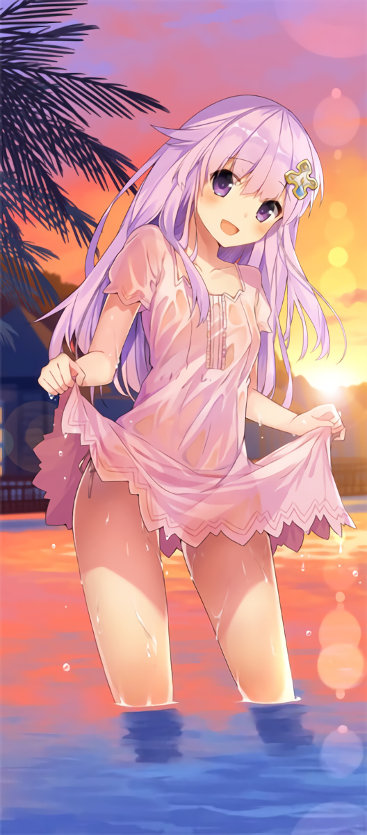 1girl artist_request beach blush choujigen_game_neptune d-pad dress hair_ornament highres long_hair nepgear neptune_(series) open_mouth pink_hair smile tsunako water wet wet_clothes white_dress