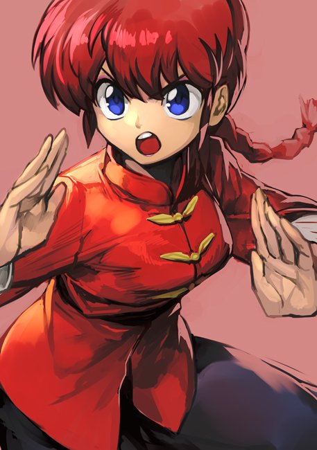 &gt;:o 1girl :o bangs blue_eyes braid chinese_clothes female fighting_stance genderswap genderswap_(mtf) hankuri long_hair open_mouth ranma-chan ranma_1/2 red_shirt redhead saotome_ranma shirt sidelocks simple_background single_braid solo tangzhuang