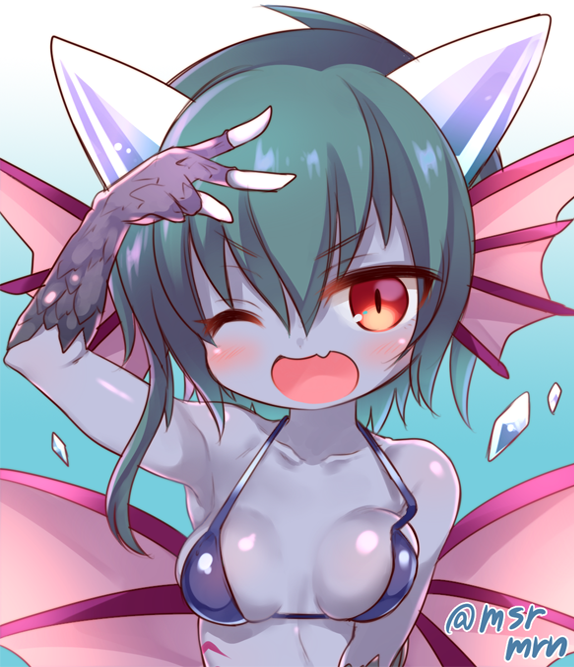 1girl ;d bikini_top blue_hair blush breasts collarbone demon_girl demon_horns fang frost_demon_(p&amp;d) gradient gradient_background green_hair head_fins horns ice marshmallow_mille medium_breasts one_eye_closed open_mouth puzzle_&amp;_dragons red_eyes scales short_hair slit_pupils smile solo strap_gap twitter_username upper_body v wings