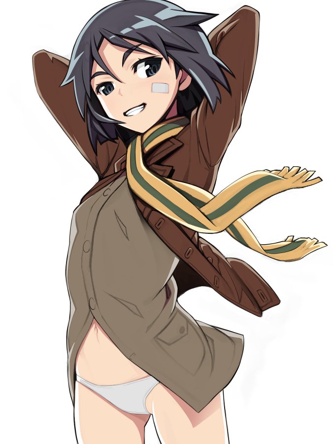 1girl bandaid bandaid_on_face black_eyes black_hair brave_witches jacket kanno_naoe nanashino no_pants panties scarf short_hair simple_background smile solo underwear world_witches_series