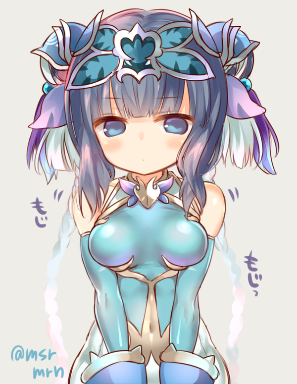 1girl bare_shoulders blue_eyes blue_hair blush braid breasts chinese_clothes covered_navel double_bun gradient_hair hair_ornament haku_(p&amp;d) long_hair looking_at_viewer marshmallow_mille medium_breasts multicolored_hair purple_hair puzzle_&amp;_dragons solo twin_braids white_hair