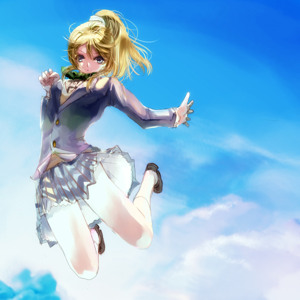 1girl ayase_eli blonde_hair blue_eyes blue_sky clouds cross-empire jumping loafers long_hair looking_at_viewer love_live! love_live!_school_idol_project ponytail school_uniform shoes sketch sky socks solo thighs