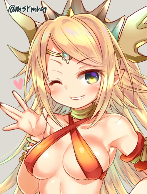 1girl armband bare_shoulders blonde_hair blush bracelet breasts circlet criss-cross_halter echidna_(p&amp;d) green_eyes grey_background grin halterneck heart horns jewelry lamia long_hair marshmallow_mille medium_breasts monster_girl one_eye_closed pointy_ears puzzle_&amp;_dragons smile solo twitter_username upper_body v waving