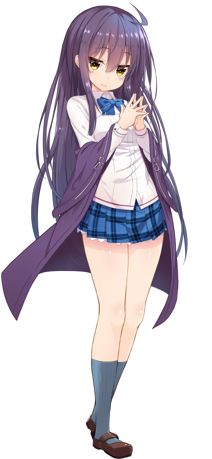 1girl 5240mosu ahoge fingers_together full_body highres long_hair long_sleeves looking_at_viewer natsuiro_koi_uta official_art plaid plaid_skirt pleated_skirt purple_hair skirt smile solo suwa_shion transparent_background yellow_eyes