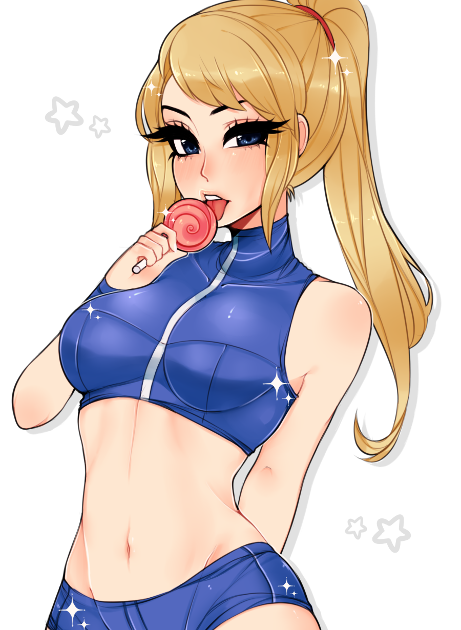 1girl bare_shoulders blonde_hair blue_eyes breasts candy food highres lollipop long_hair looking_at_viewer medium_breasts metroid mole mole_under_mouth navel ponytail samus_aran savannah_(yugino) shorts solo tank_top tongue tongue_out upper_body white_background