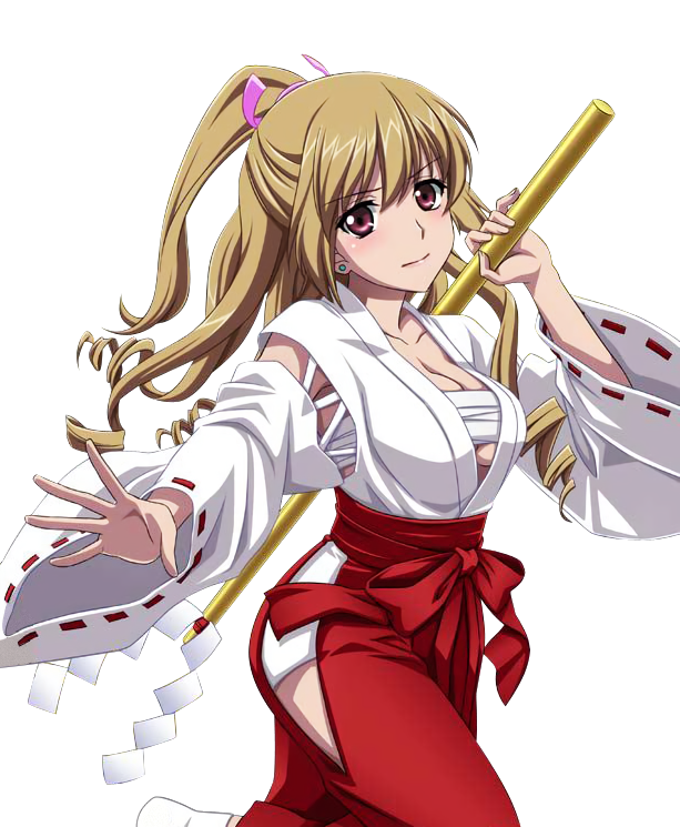 1girl aiba_asagi breasts brown_eyes brown_hair cleavage collarbone earrings hair_ribbon hakama holding japanese_clothes jewelry long_hair looking_at_viewer medium_breasts nontraditional_miko outstretched_arm pink_ribbon ponytail red_hakama ribbon socks solo standing strike_the_blood transparent_background under_boob white_legwear