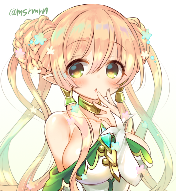 1girl blonde_hair blush braid breasts brooch double_bun dress freyja_(p&amp;d) gradient gradient_background gradient_hair green_eyes green_hair hair_tubes jewelry large_breasts long_hair marshmallow_mille multicolored_hair necklace open_mouth pointy_ears puzzle_&amp;_dragons solo twitter_username yellow_background