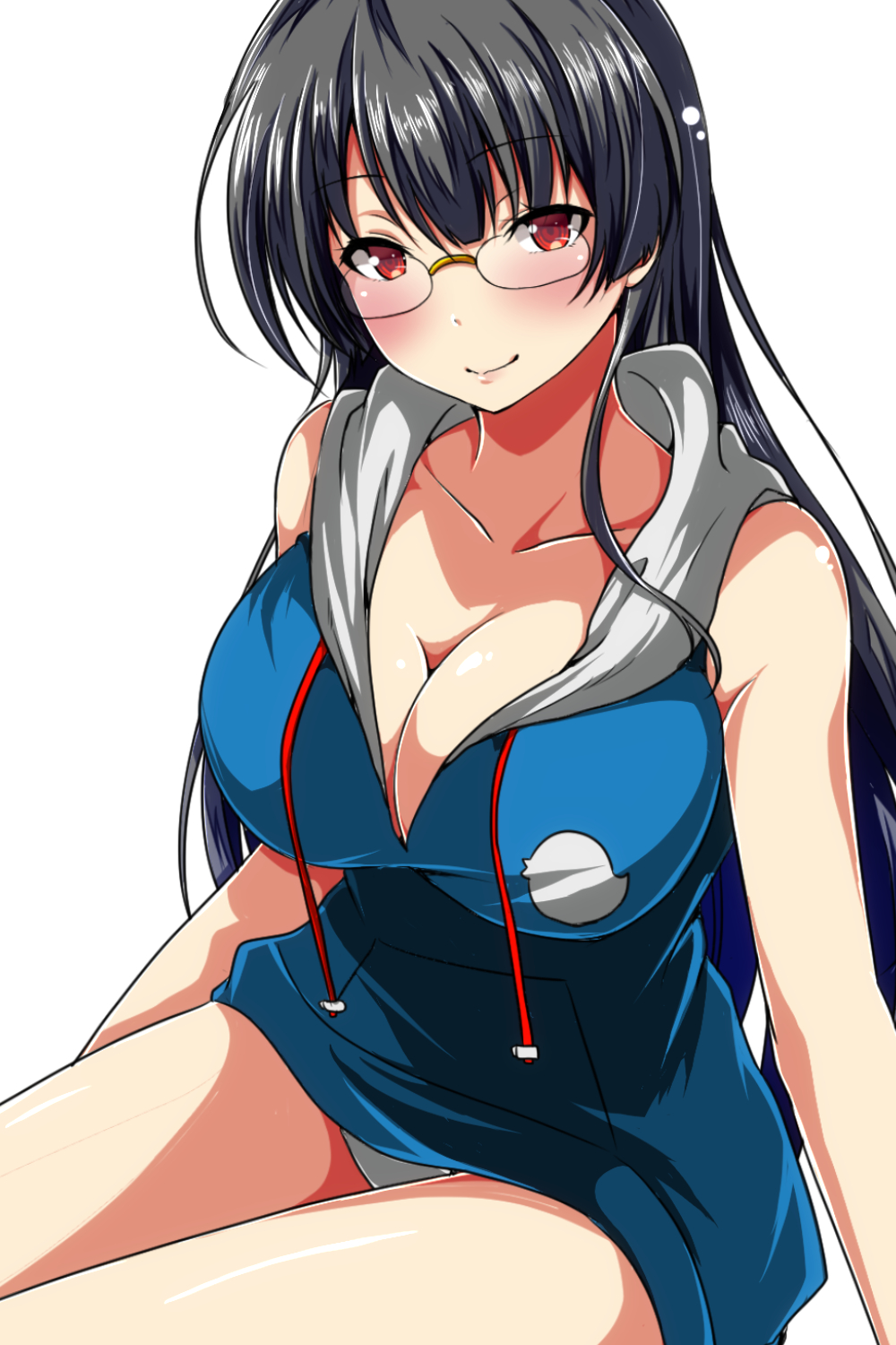 1girl alternate_costume ar_(lover_boy) bangs bare_arms bare_shoulders black_hair blush breasts choukai_(kantai_collection) cleavage closed_mouth collarbone drawstring glasses highres hood hoodie kantai_collection large_breasts long_hair looking_at_viewer no_bra no_pants panties red_eyes rimless_glasses sitting sleeveless sleeveless_hoodie smile solo underwear white_panties