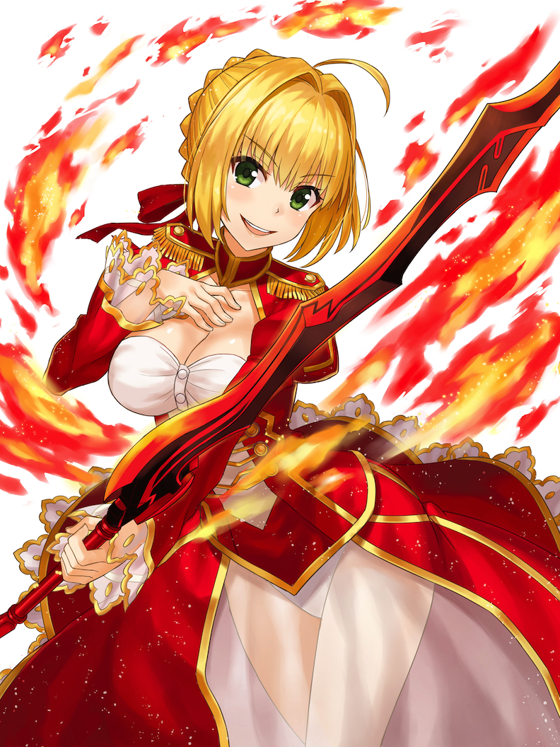 &gt;:d 1girl :d aestus_estus ahoge blonde_hair blush braid breasts cleavage dress epaulettes fate/extra fate_(series) fire green_eyes hair_intakes hair_ribbon hand_on_own_chest holding holding_sword holding_weapon leotard leotard_under_clothes looking_at_viewer medium_breasts npcpepper open_mouth red_dress ribbon saber_extra see-through simple_background smile solo sword weapon white_background