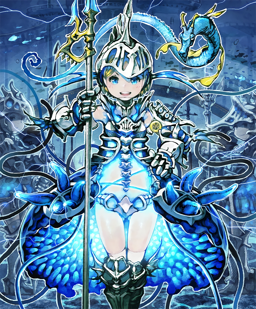 1girl :d armor armored_boots armored_dress army artist_request blonde_hair blue_eyes boots castle fish full_armor gauntlets hand_on_hip helmet holding holding_weapon lance official_art open_mouth otohimes_bodyguard polearm school_of_fish seahorse shadowverse smile underwater weapon