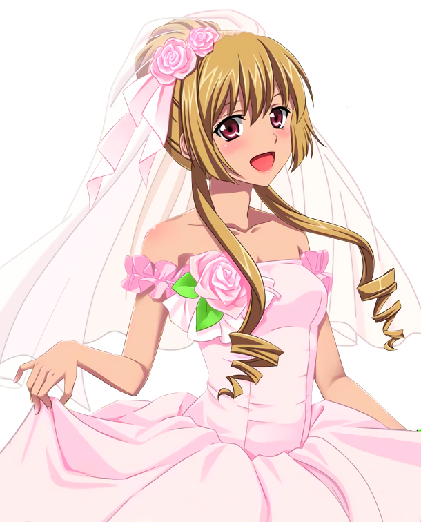 1girl :d aiba_asagi blonde_hair blush breasts bridal_veil cleavage collarbone dress flower hair_flower hair_ornament looking_at_viewer medium_breasts open_mouth pink_flower red_eyes short_hair_with_long_locks sidelocks skirt_hold sleeveless sleeveless_dress smile solo standing strike_the_blood transparent_background upper_body veil wedding_dress