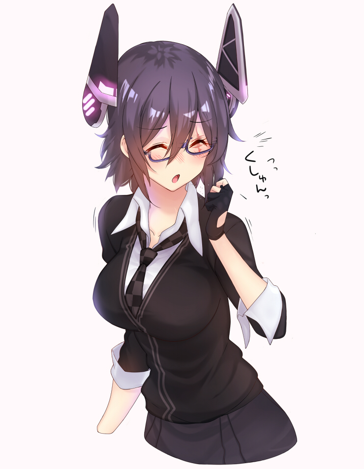 1girl :o amayu bespectacled blush checkered checkered_necktie closed_eyes commentary_request eye_scar fingerless_gloves glasses gloves glowing grey_background headgear kantai_collection necktie no_eyepatch purple_hair sneezing solo tenryuu_(kantai_collection) upper_body