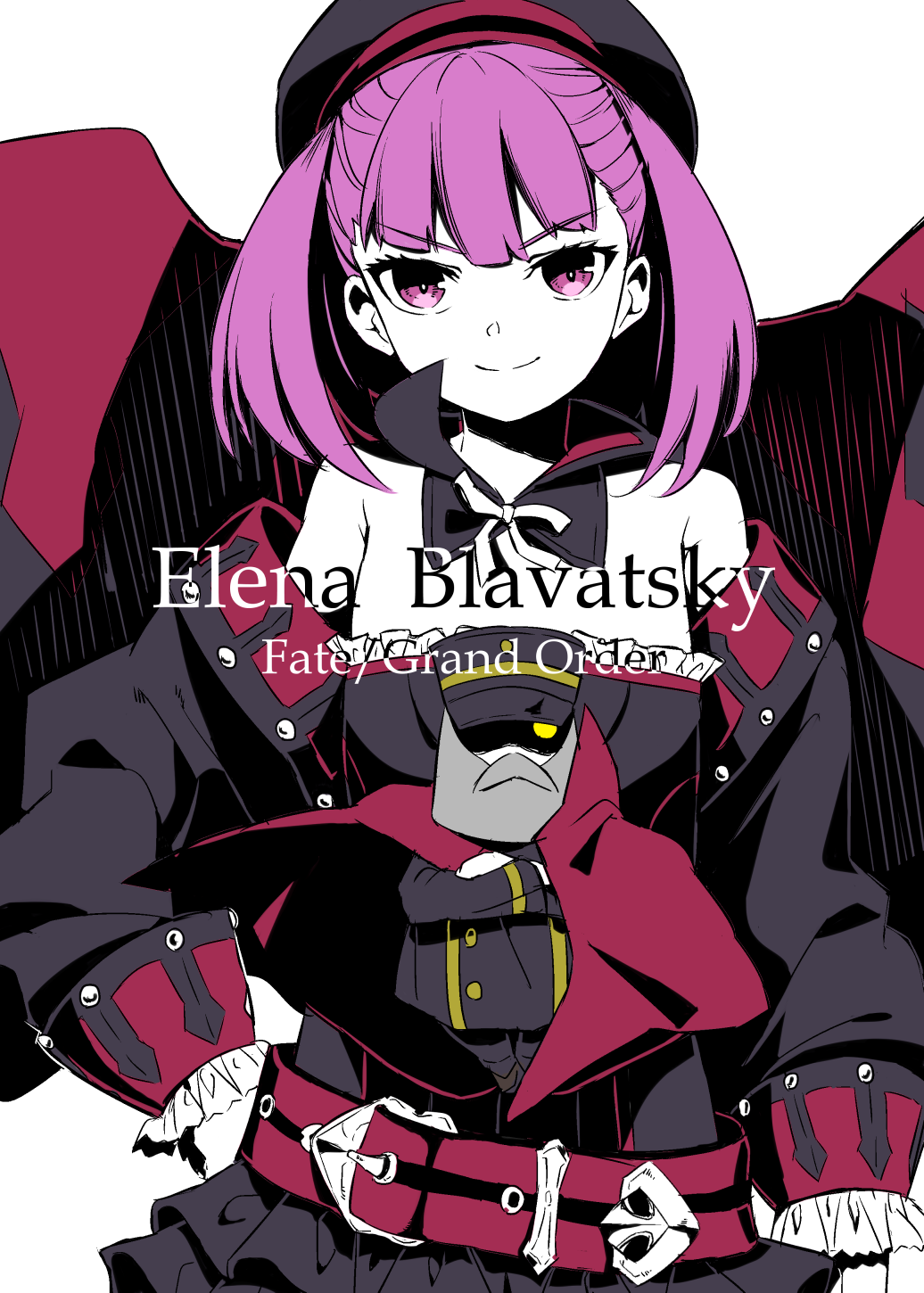 &gt;:) 1girl bangs bare_shoulders belt beret black_skirt character_doll character_name closed_mouth copyright_name crossed_arms detached_sleeves eyebrows_visible_through_hair fate/grand_order fate_(series) flat_chest hand_on_hip hat helena_blavatsky_(fate/grand_order) highres looking_at_viewer purple_hair shiime skirt smile solo upper_body violet_eyes