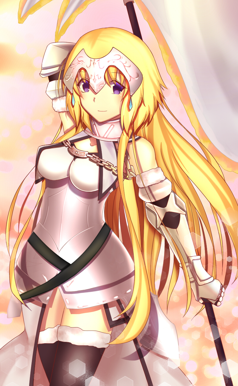 arm_above_head arm_behind_back armor armored_dress blonde_hair chains fate/apocrypha fate_(series) fur-trimmed_legwear fur_trim headpiece highres long_hair looking_at_viewer ruler_(fate/apocrypha) smile standard_bearer thigh-highs thighs type-moon violet_eyes xue_fengzi
