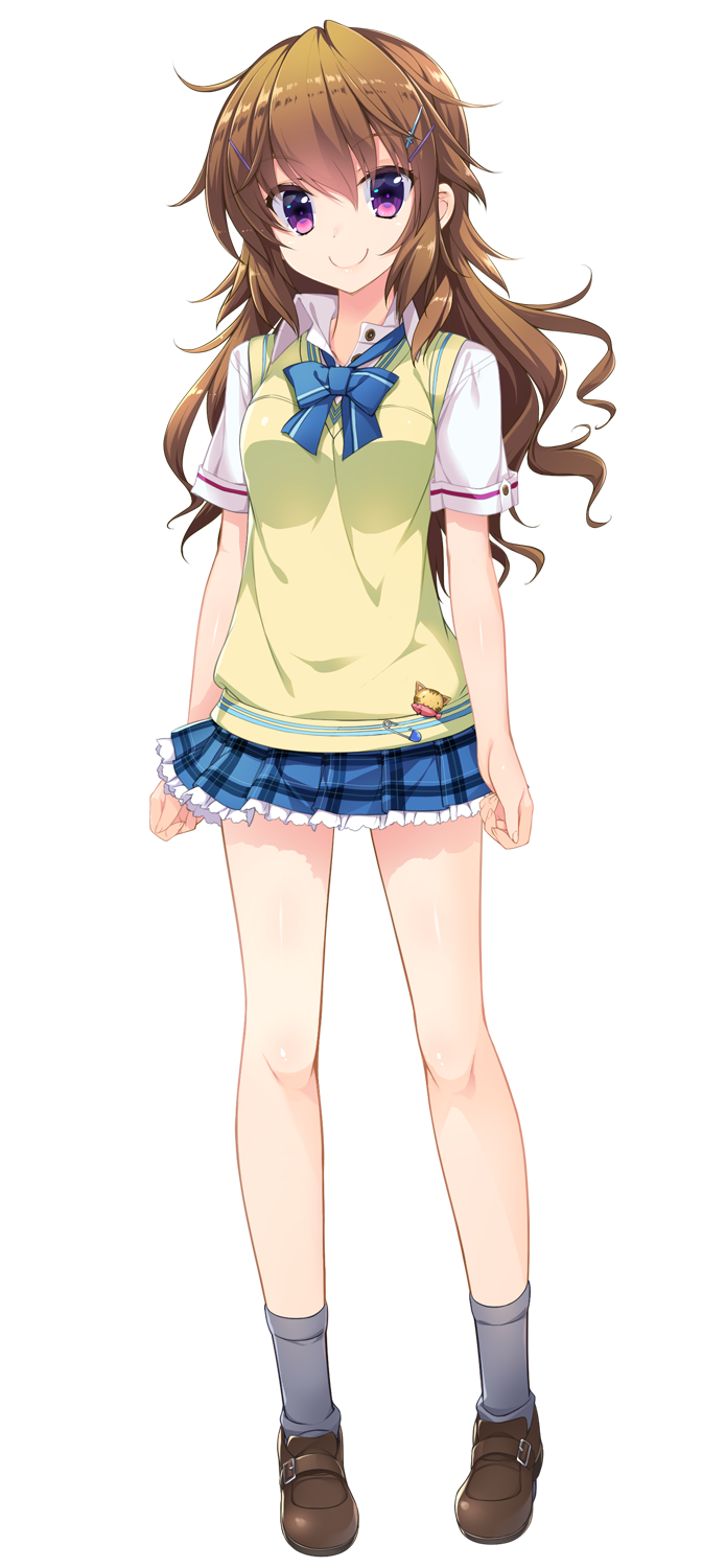 1girl 5240mosu brown_hair full_body hair_ornament hairclip highres loafers long_hair looking_at_viewer natsuiro_koi_uta official_art plaid plaid_skirt pleated_skirt shoes short_sleeves skirt smile solo transparent_background tsukiyono_yuna violet_eyes