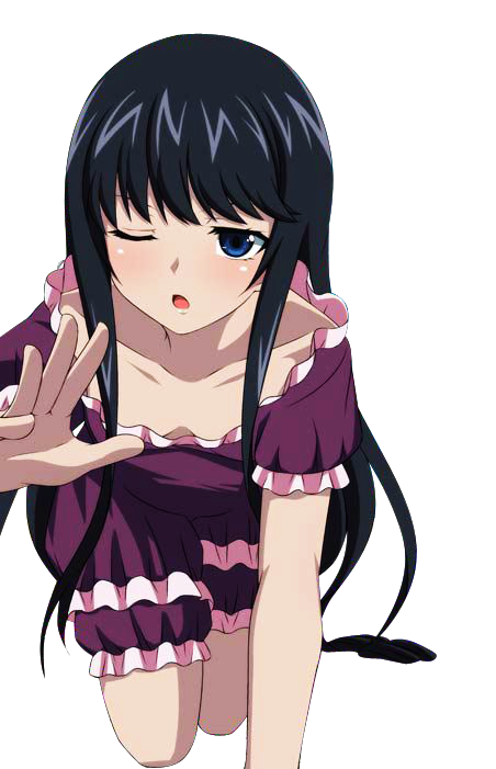1girl ;d all_fours black_hair blue_eyes breasts cleavage collarbone long_hair minamiya_natsuki one_eye_closed open_mouth purple_pajamas small_breasts smile solo strike_the_blood transparent_background