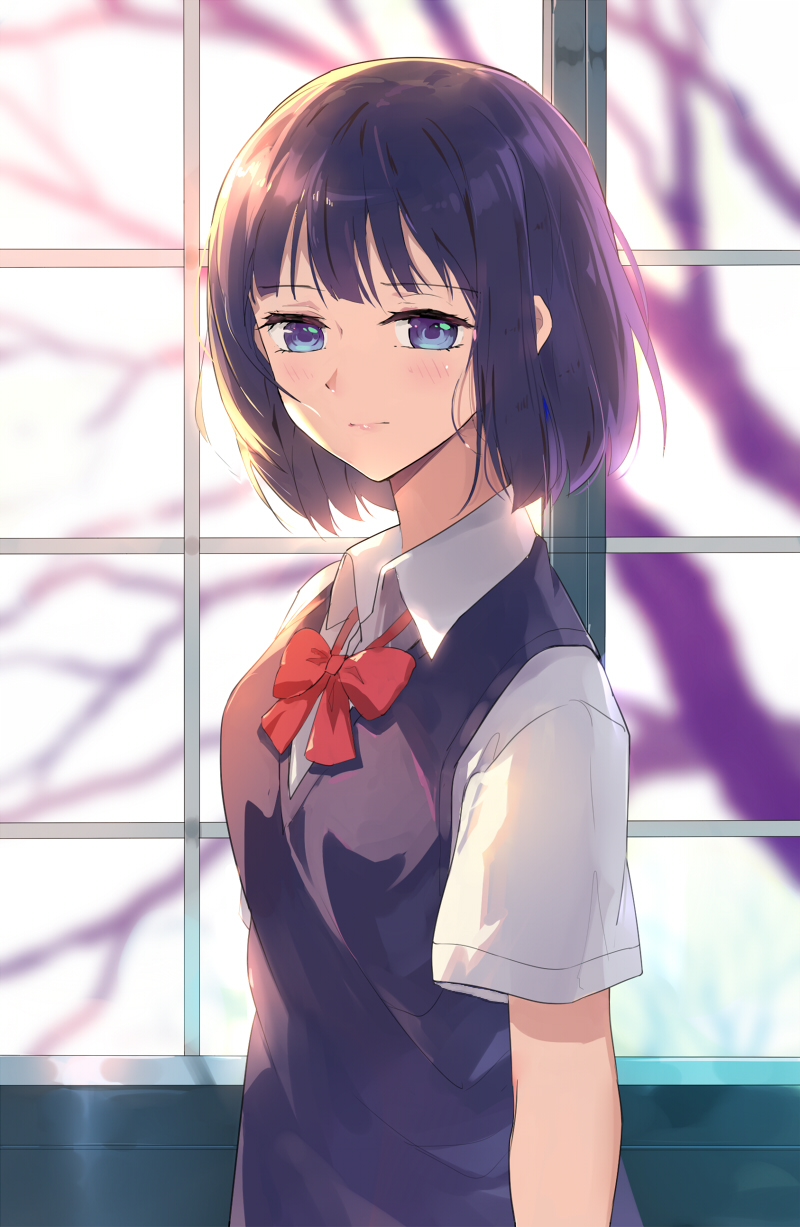 1girl :| arms_at_sides baisi_shaonian bangs bare_tree blue_eyes blunt_bangs blurry blush bow bowtie closed_mouth collared_shirt commentary_request day depth_of_field expressionless eyebrows_visible_through_hair female highres indoors kuzu_no_honkai lips looking_at_viewer pink_lips purple_hair red_bow red_bowtie school_uniform shiny shiny_hair shirt short_hair short_sleeves solo sunlight sweater_vest tree upper_body white_shirt window wing_collar yasuraoka_hanabi