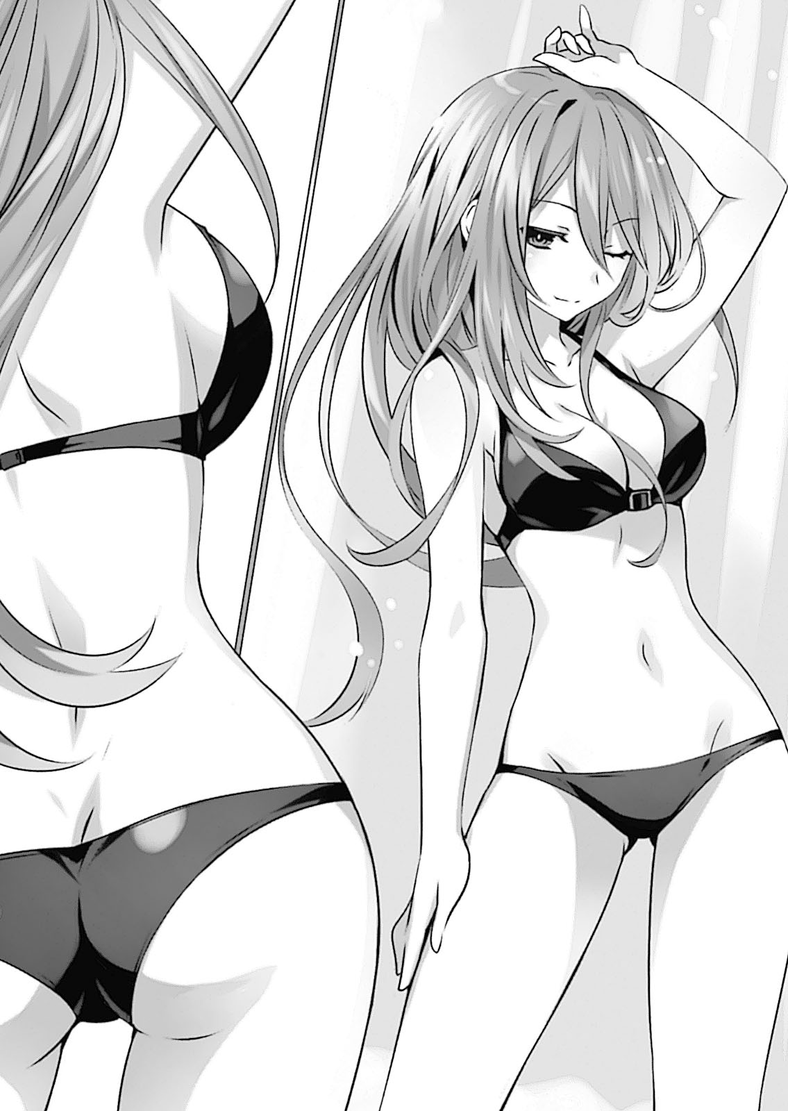 1girl ;) arm_up ass bikini black_bikini breasts butt_crack character_request cleavage date_a_live eyebrows_visible_through_hair groin hair_between_eyes highres long_hair looking_at_viewer medium_breasts midriff monochrome multiple_views navel novel_illustration official_art one_eye_closed sideboob smile solo standing swimsuit tsunako