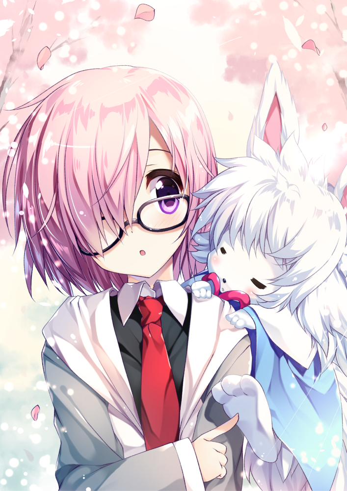 1girl :o blush eyebrows_visible_through_hair fate/grand_order fate_(series) fou_(fate/grand_order) glasses hair_over_one_eye looking_at_another necktie open_mouth purple_hair red_necktie shielder_(fate/grand_order) shimesaba_kohada short_hair upper_body violet_eyes