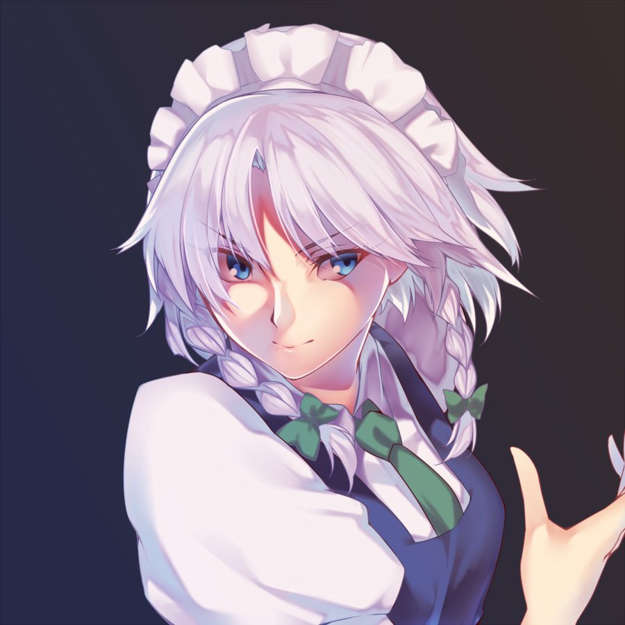 &gt;:) 1girl bangs blue_eyes bow braid closed_mouth green_bow green_necktie hair_bow izayoi_sakuya kaiza_(rider000) looking_at_viewer maid maid_headdress necktie silver_hair smile solo touhou twin_braids upper_body