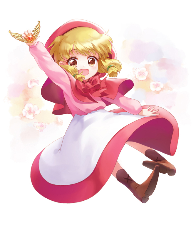 1girl :d akazukin_chacha amulet apron arm_at_side arm_up blonde_hair blush boots brown_boots brown_eyes brown_footwear chacha_(akazukin_chacha) child cloak cross-laced_footwear dot_nose eyebrows_visible_through_hair eyelashes floating floral_background flower full_body hair_ornament hood long_skirt long_sleeves looking_at_viewer low_twintails moai_(aoh) neck_ribbon open_mouth pink_shirt puffy_sleeves red_hood red_ribbon red_skirt ribbon shirt shoe_soles short_hair skirt smile solo tareme twintails waist_apron white_apron white_background