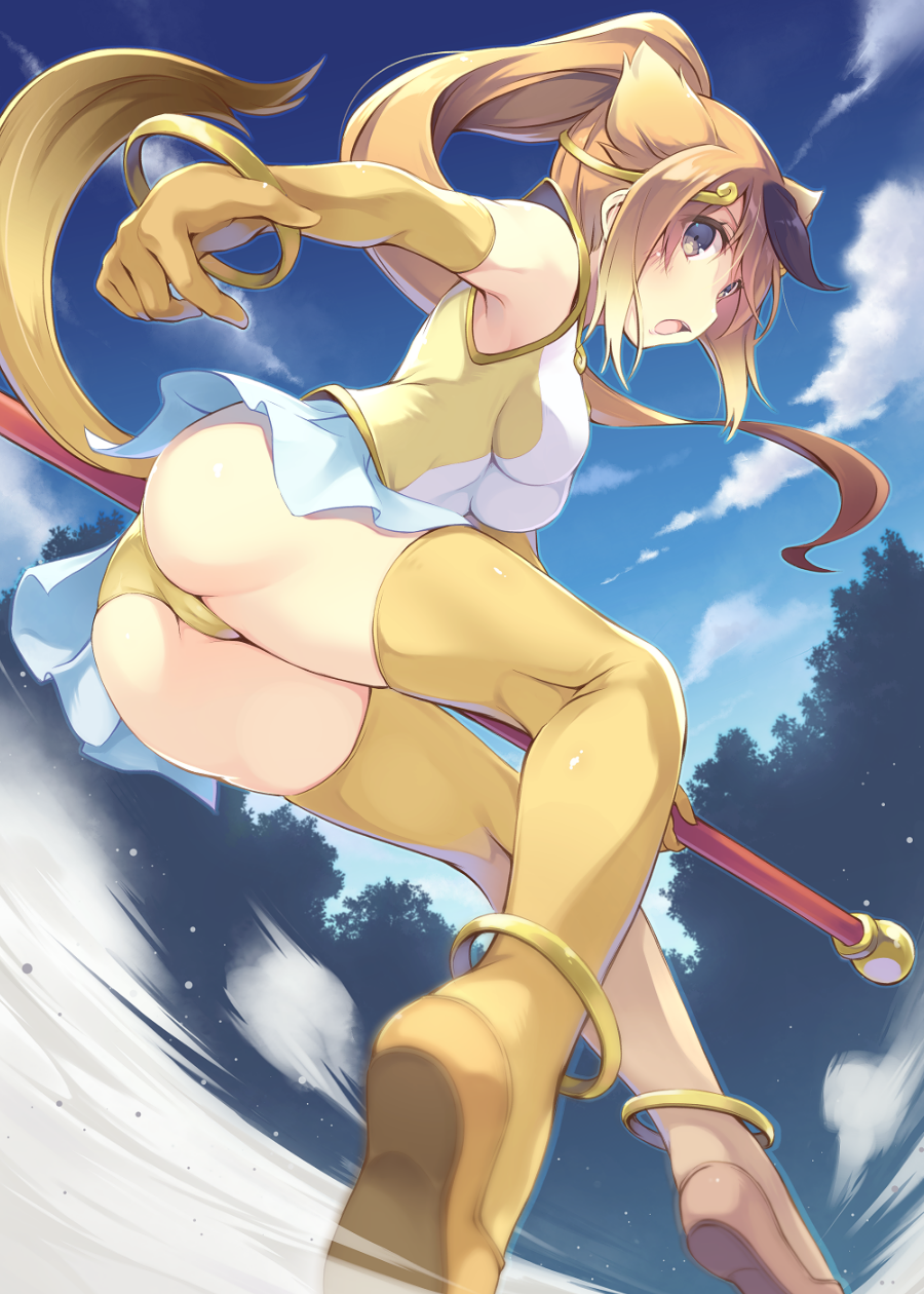 1girl animal_ears ass blue_sky bracelet breasts circlet clouds cloudy_sky day dust elbow_gloves furumiya_haiji gloves golden_snub-nosed_monkey_(kemono_friends) high_ponytail highres holding holding_staff hoop jewelry kemono_friends leotard long_hair medium_breasts monkey_ears monkey_tail multicolored_hair open_mouth orange_hair outdoors ponytail sky solo staff streaked_hair tail thigh-highs yellow_eyes yellow_gloves yellow_legwear