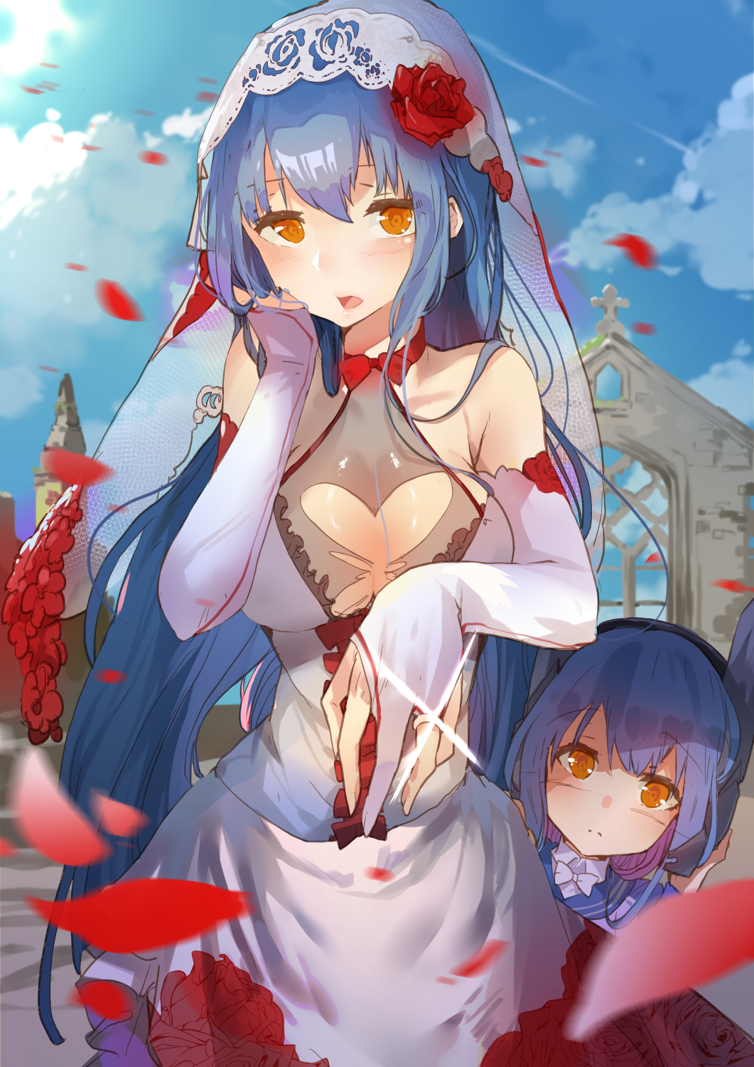 2girls blue_hair blush breasts bridal_gauntlets cleavage dress flower girls_frontline hair_flower hair_ornament highres jewelry long_hair mother_and_daughter multiple_girls orange_eyes petals ring rose rose_hair_ornament tar-21_(girls_frontline) veil wedding_dress wedding_ring yueqin_(monnpiano)