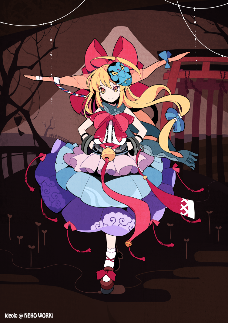 &gt;:) 1girl artist_name bare_tree bell blonde_hair bow brown_eyes closed_mouth full_body hair_bow hands_on_hips head_tilt horns ibuki_suika ideolo long_hair mask oni oni_mask revision skirt smile solo torii touhou tree