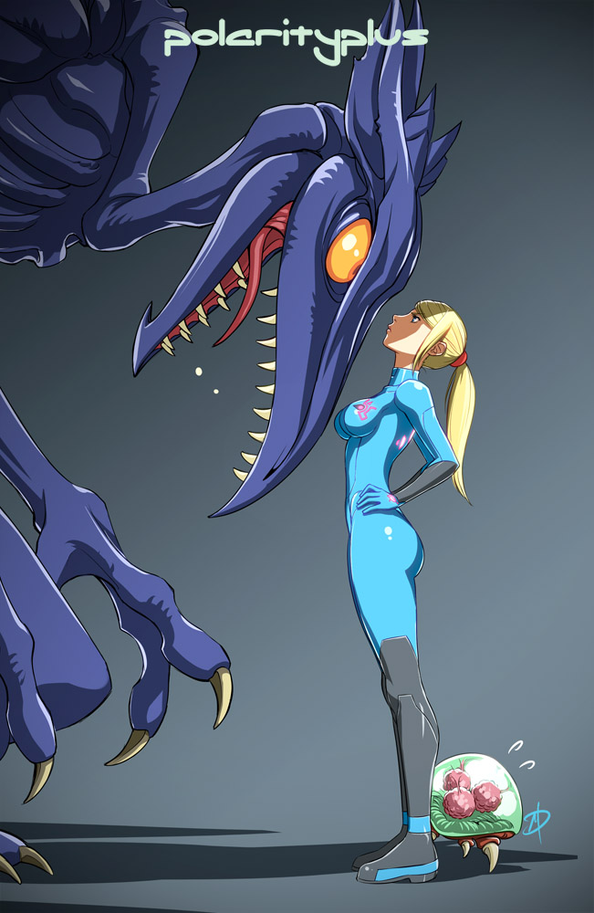 1girl alien blonde_hair blue_eyes bodysuit breasts daniel_macgregor faceoff flying_sweatdrops from_side hands_on_hips height_difference hiding long_hair looking_down looking_up medium_breasts metroid metroid_(creature) orange_eyes out_of_frame ponytail revision ridley samus_aran size_difference skin_tight standing yellow_sclera zero_suit