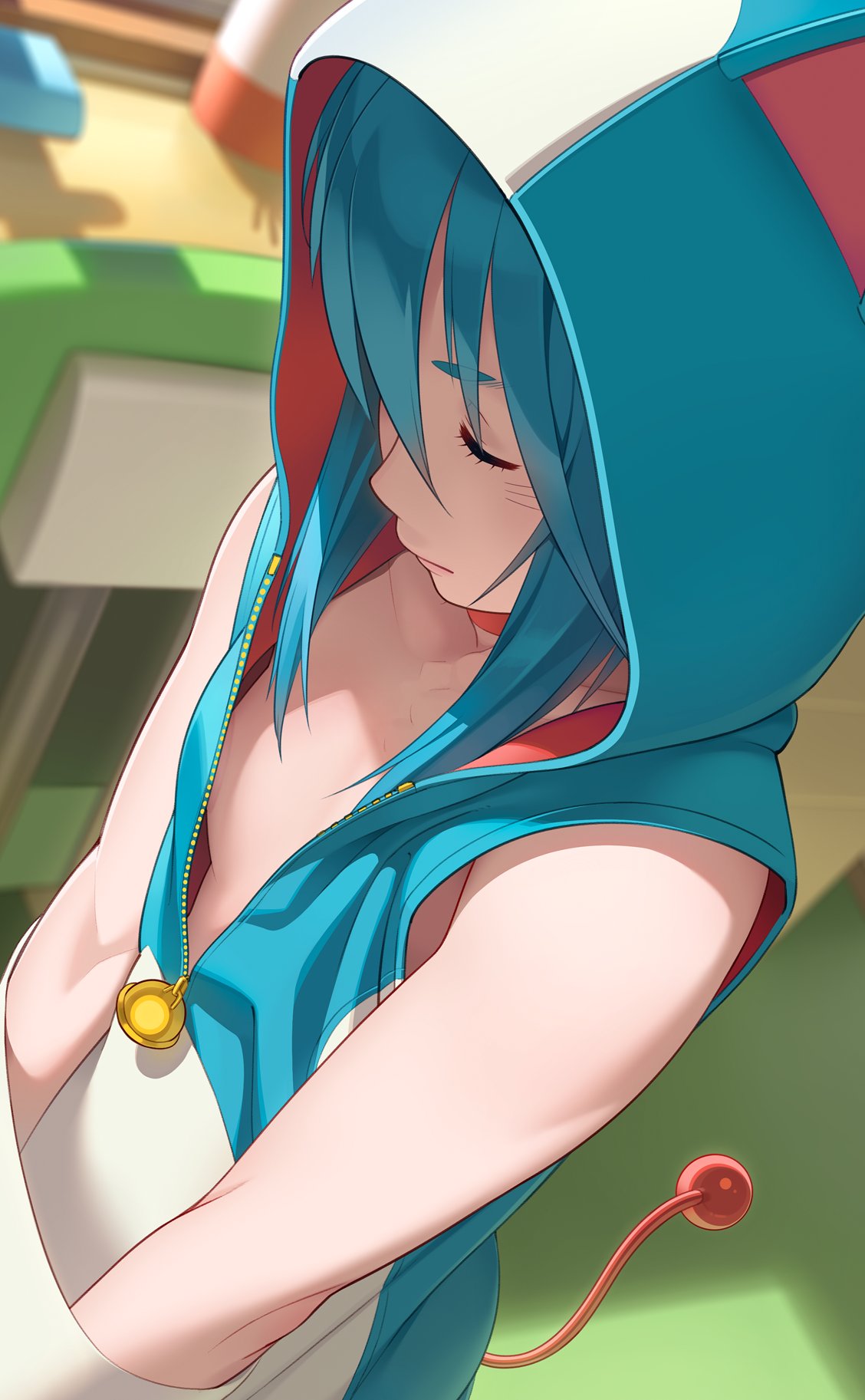 1girl animal_ears bell blue_hair breasts choker closed_eyes doraemon doraemon_(character) downblouse go_robots hands_in_pockets highres hood hoodie no_bra personification sideboob sleeveless sleeveless_hoodie small_breasts solo tail unzipped whisker_markings