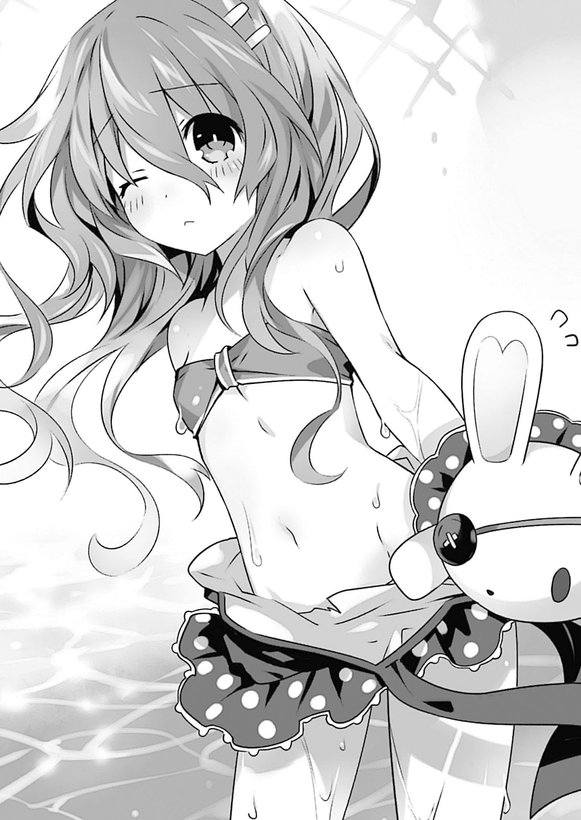 1girl bikini breasts cleavage date_a_live eyebrows_visible_through_hair groin hair_between_eyes hair_ornament highres long_hair monochrome navel novel_illustration official_art one_eye_closed small_breasts solo standing strapless strapless_bikini swimsuit tsunako water wet yoshino_(date_a_live) yoshinon