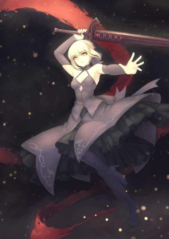 1girl arm_up armpits bangs black_boots black_dress black_ribbon blonde_hair boots breasts chloro_phill cleavage closed_mouth dark_excalibur detached_sleeves dress fate/grand_order fate_(series) full_body hair_ribbon high_heel_boots high_heels holding holding_sword holding_weapon looking_at_viewer pale_skin ribbon saber saber_alter sideboob small_breasts solo sword thigh-highs thigh_boots weapon yellow_eyes