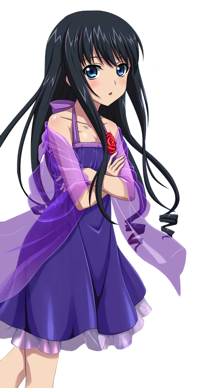 1girl black_hair blue_eyes breasts cleavage collarbone crossed_arms dress long_hair looking_at_viewer minamiya_natsuki parted_lips purple_dress red_flower see-through sleeveless sleeveless_dress small_breasts solo standing strike_the_blood transparent_background
