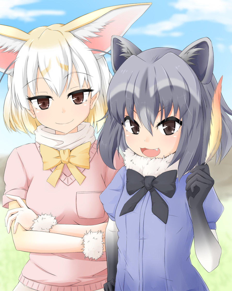 &gt;:3 &gt;:d 2girls :3 :d animal_ears arm_at_side black_bow black_bowtie black_hair blonde_hair blurry blush bow bowtie breasts brown_eyes closed_mouth crossed_arms day depth_of_field eyebrows_visible_through_hair fang feathers fennec_(kemono_friends) hair_between_eyes head_tilt highres holding_feather kemono_friends looking_at_viewer medium_breasts multicolored_hair multiple_girls open_mouth outdoors pink_sweater puffy_short_sleeves puffy_sleeves raccoon_(kemono_friends) short_sleeves smile sweater two-tone_hair white_hair yamamoto_rintaro yellow_bow yellow_bowtie
