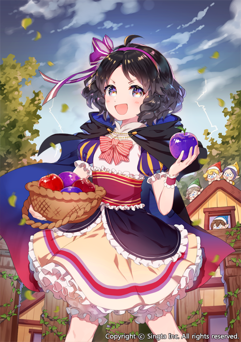 1girl apple basket black_hair blue_eyes blush cape dwarf food fruit hair_ribbon looking_at_viewer official_art open_mouth original ribbon short_hair sid_story snow_white snow_white_(sid_story) snow_white_and_the_seven_dwarfs solo thunder unagipang