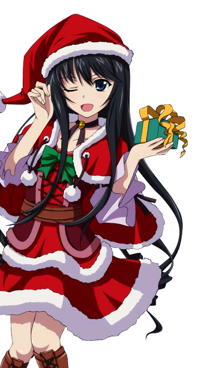 1girl ;d black_eyes black_hair black_ribbon boots bow bowtie box brown_boots capelet choker collarbone dress gift gift_box green_bow hat holding holding_box knee_boots long_hair looking_at_viewer minamiya_natsuki one_eye_closed open_mouth red_dress red_hat ribbon ribbon_choker santa_costume santa_hat short_dress smile solo standing strike_the_blood transparent_background very_long_hair