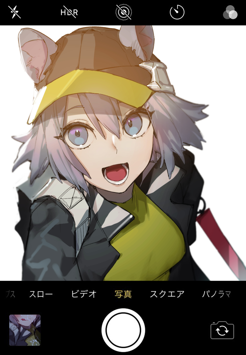 1girl arknights backpack bag baseball_cap black_headwear black_jacket blue_eyes click_(arknights) commentary_request eyebrows_behind_hair grey_hair hat highres jacket mirin_chikuwa open_mouth selfie shirt simple_background solo two-tone_headwear viewfinder white_background yellow_headwear yellow_shirt