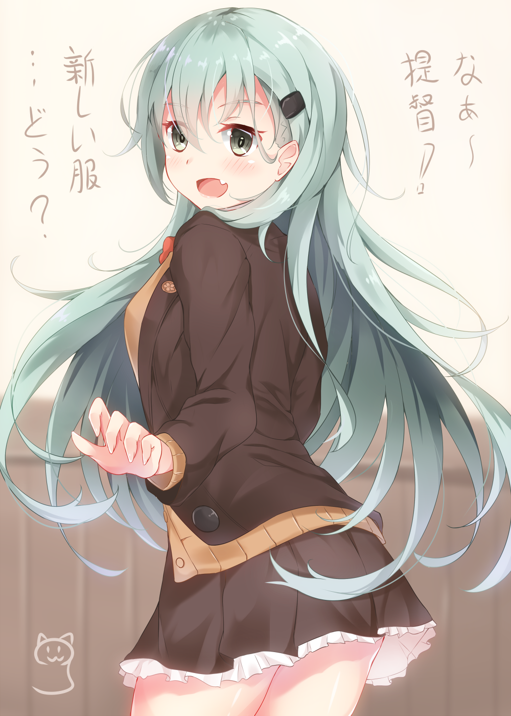 1girl blush brown_skirt fang green_eyes green_hair hair_ornament hairclip highres kantai_collection long_hair looking_at_viewer open_mouth sin-poi skirt solo suzuya_(kantai_collection) translation_request