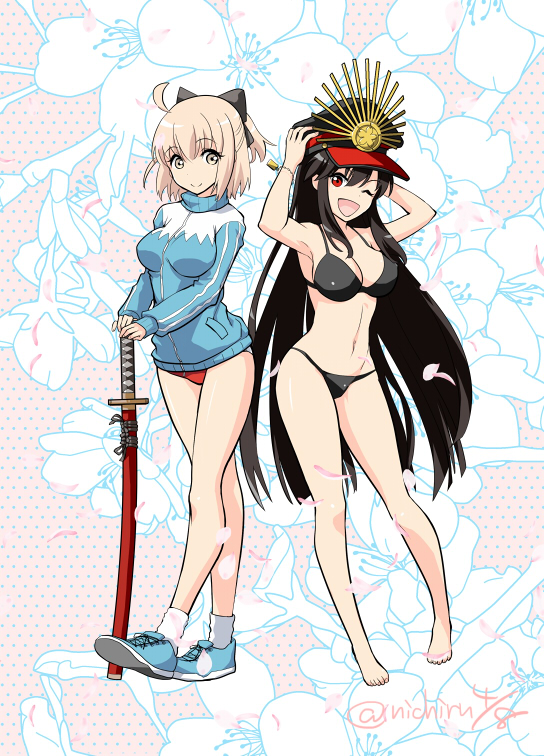 2girls ;d armpits barefoot bikini black_bikini black_hair blonde_hair breasts buruma cleavage demon_archer fate/grand_order fate_(series) hat katana koha-ace long_hair looking_at_viewer medium_breasts multiple_girls navel nichiru one_eye_closed open_mouth red_eyes sakura_saber sheath sheathed smile socks swimsuit sword weapon white_legwear yellow_eyes